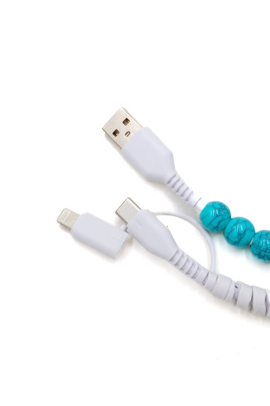 4-IN-1 TURQUOISE & POLISHED SILVER BEADED CHARGING CABLE