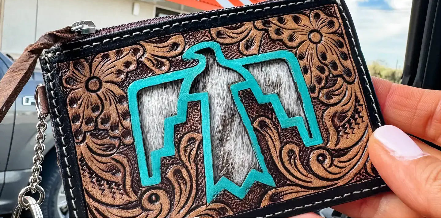 Western Cowhide Leather Keychain Wallet Longhorn Thunderbird