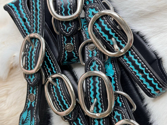 Turquoise Tooled Leather Western style Dog Collar, Show Dog, Farm Dog, Cow Dog, Cattle Dog