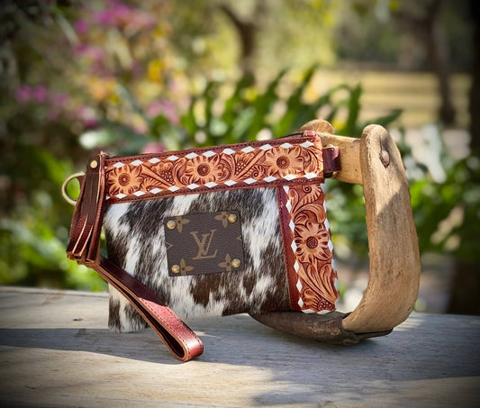 Upcycled LV Cowhide Leather Wristlet Crossbody Bag Western