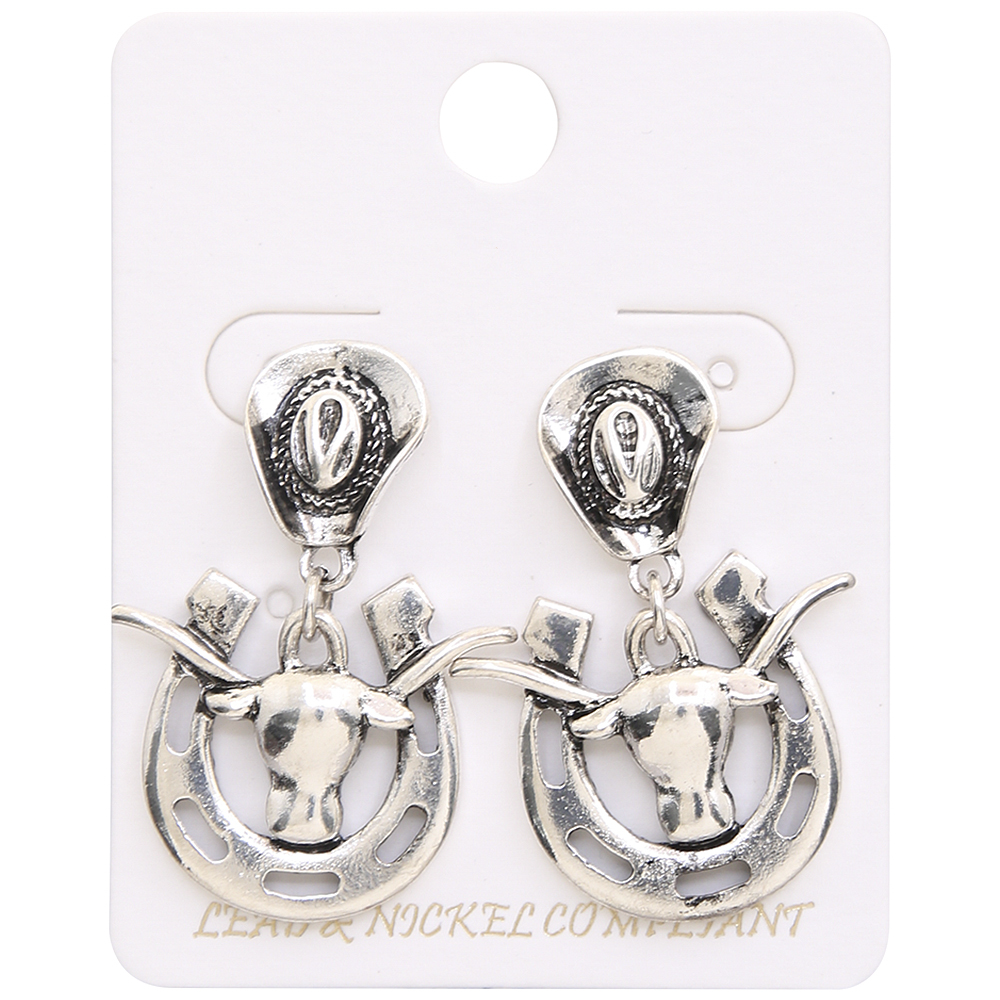 WESTERN STYLE COW SKULL HORSESHOE DANGLE EARRING, HE 12389