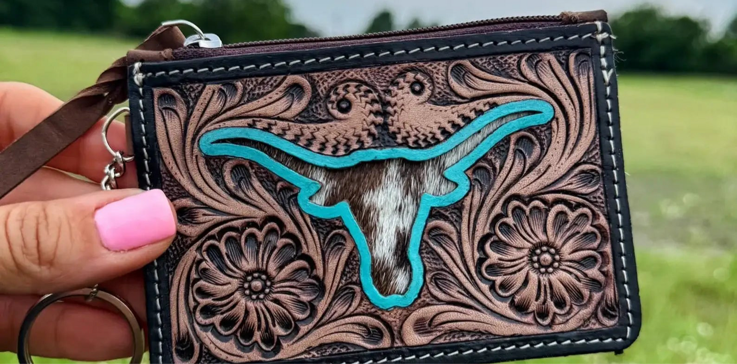 Western Cowhide Leather Keychain Wallet Longhorn Thunderbird