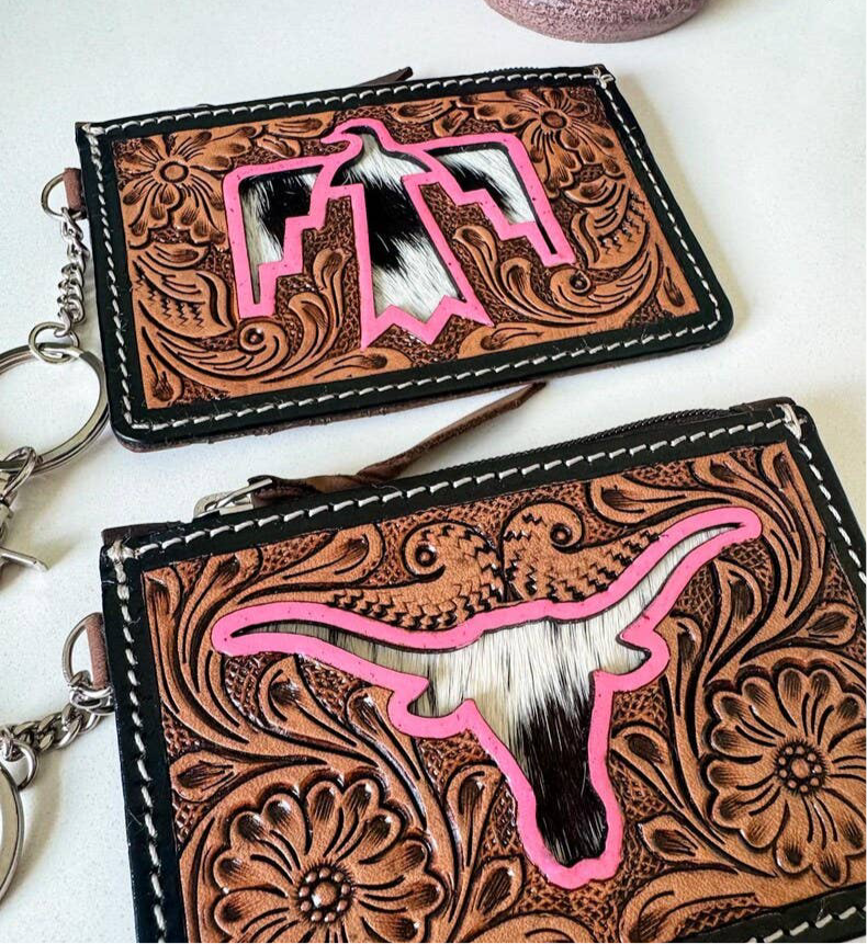 Tooled Leather Keychain Wallet Thunderbird Longhorn Bow Hat
