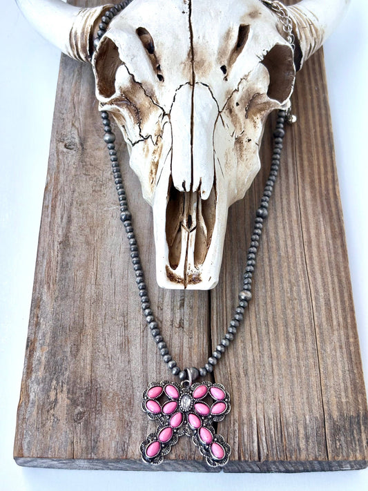 4MM Western Navajo Pearl Coquette Bow Stone Pendant Necklace