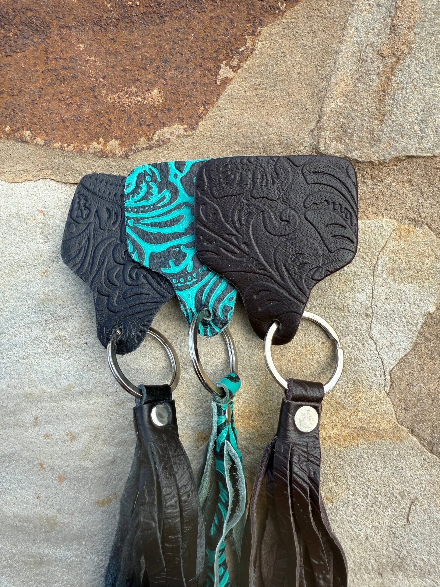 Cowtag Embossed Leather Keychain with Tassel