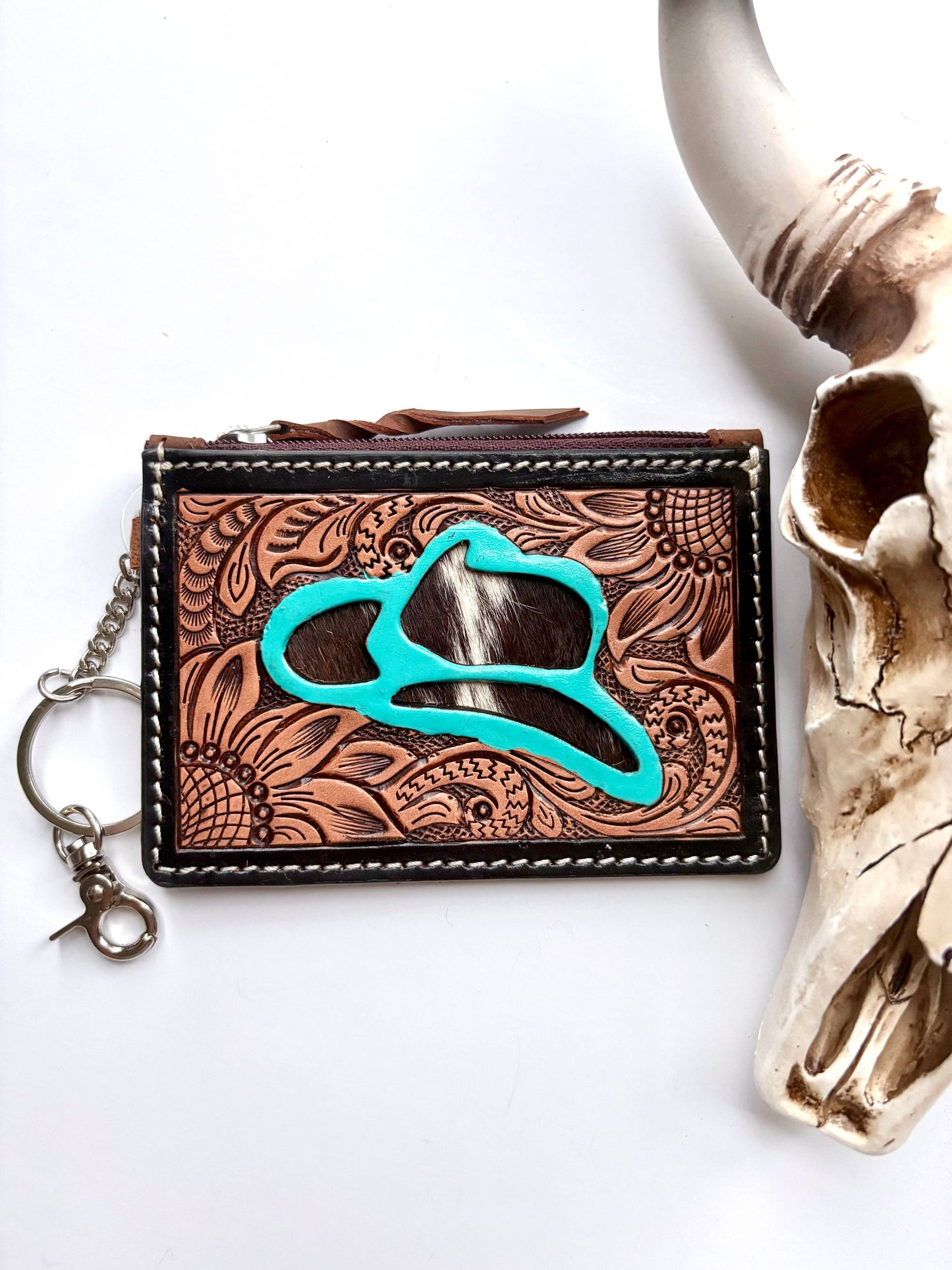 Tooled Leather Keychain Wallet Thunderbird Longhorn Bow Hat