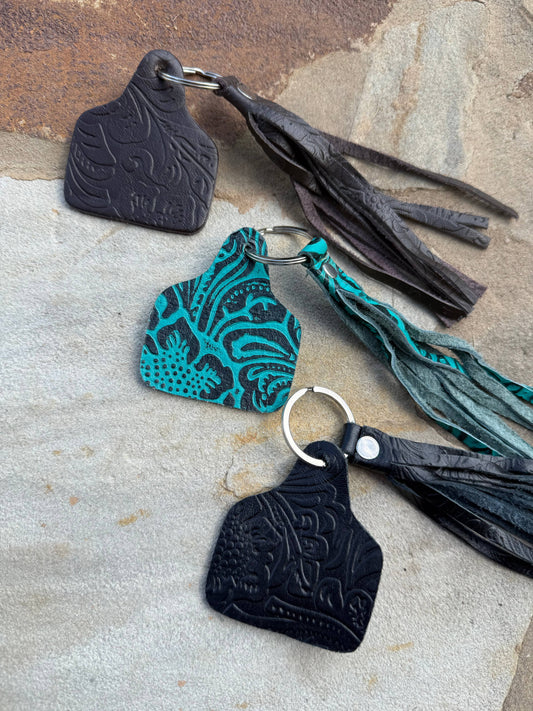 Cowtag Embossed Leather Keychain with Tassel