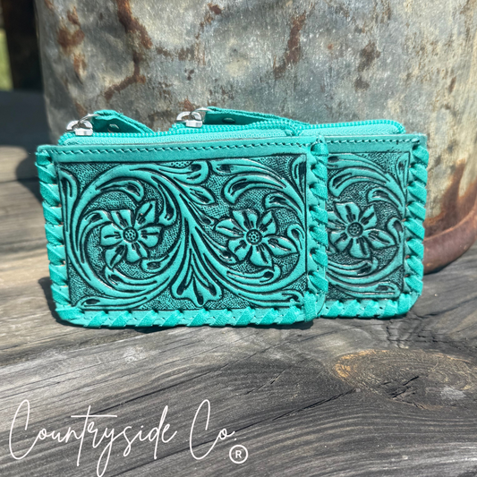 Tooled Leather Pouch, Bag Organizer,Turquoise, Pink or Brown
