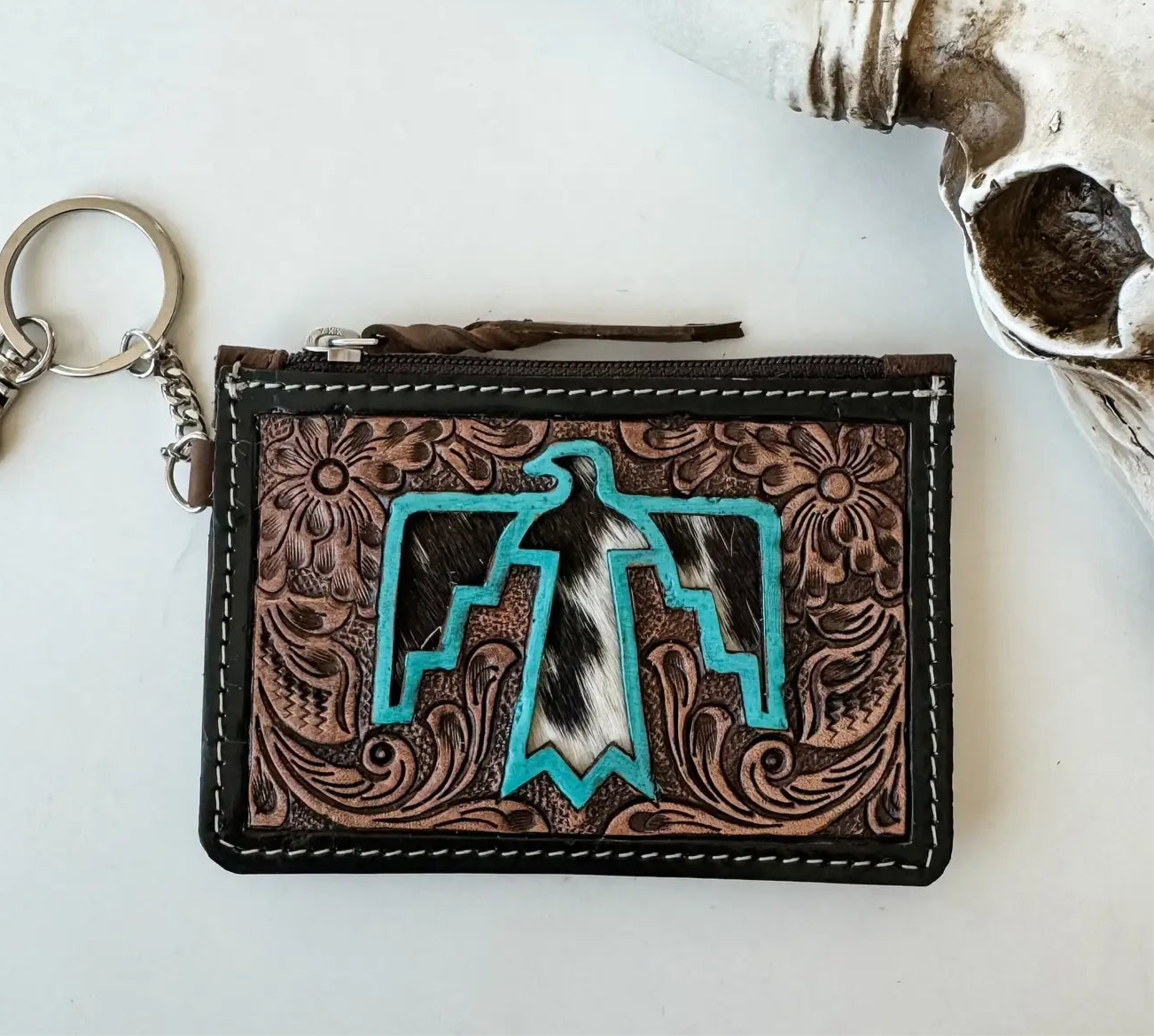 Western Cowhide Leather Keychain Wallet Longhorn Thunderbird