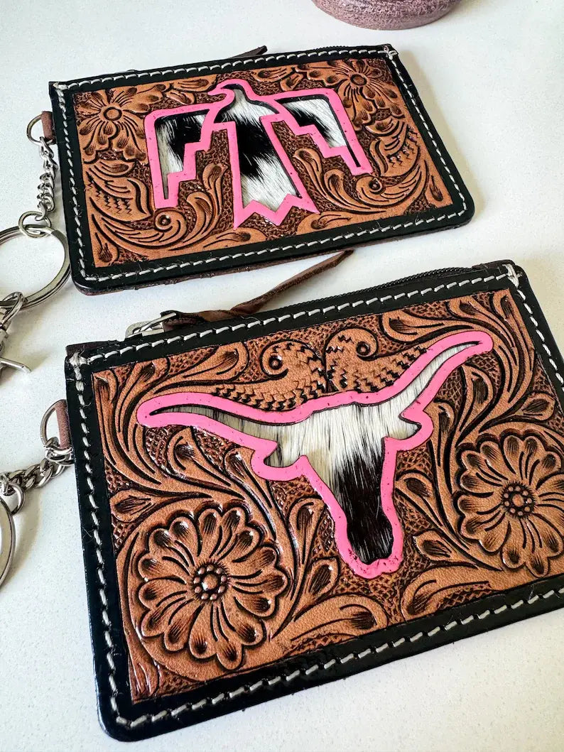 Tooled Leather Keychain Wallet Thunderbird Longhorn Bow Hat