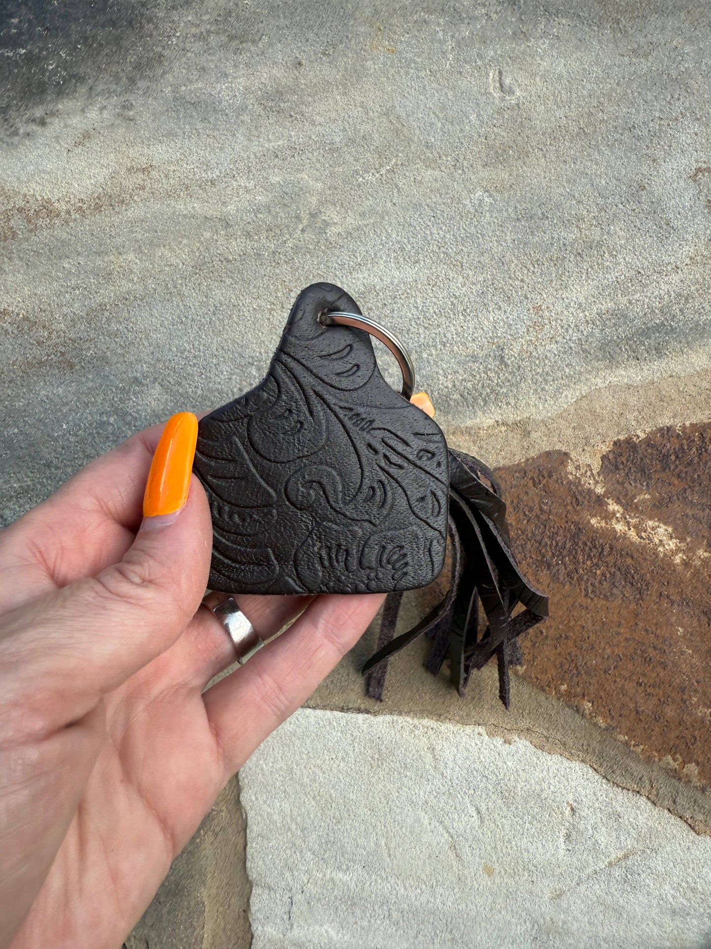 Cowtag Embossed Leather Keychain with Tassel