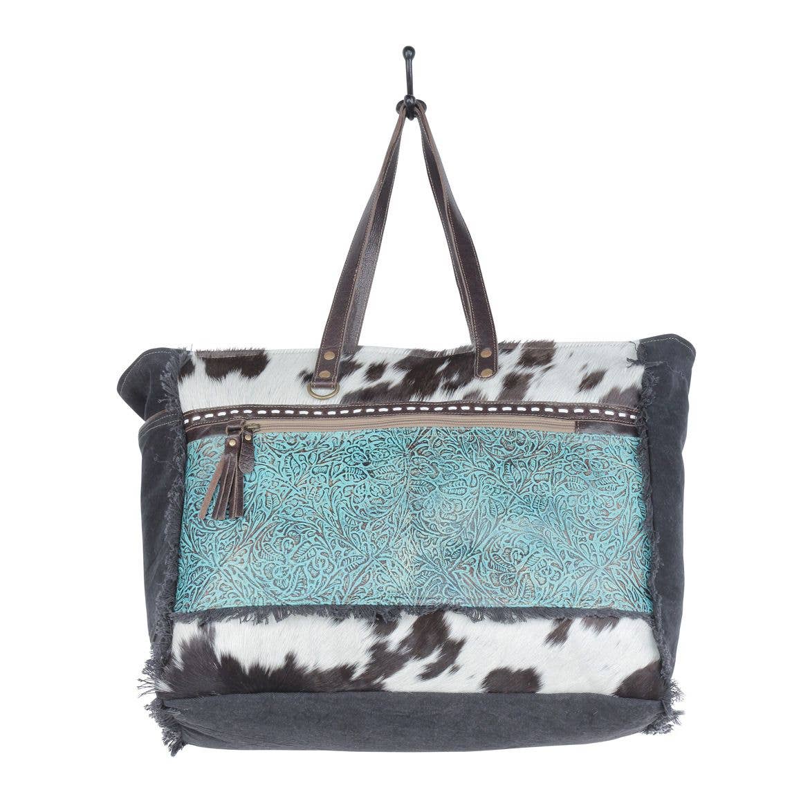 Cowhide Turquoise Tooled Leather Overnight Myra Weekender