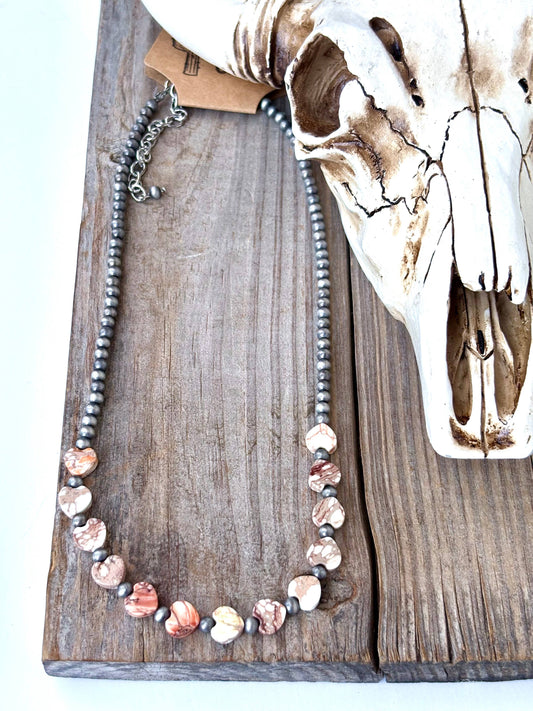 Western Style Navajo Pearl & Stone Heart Necklace