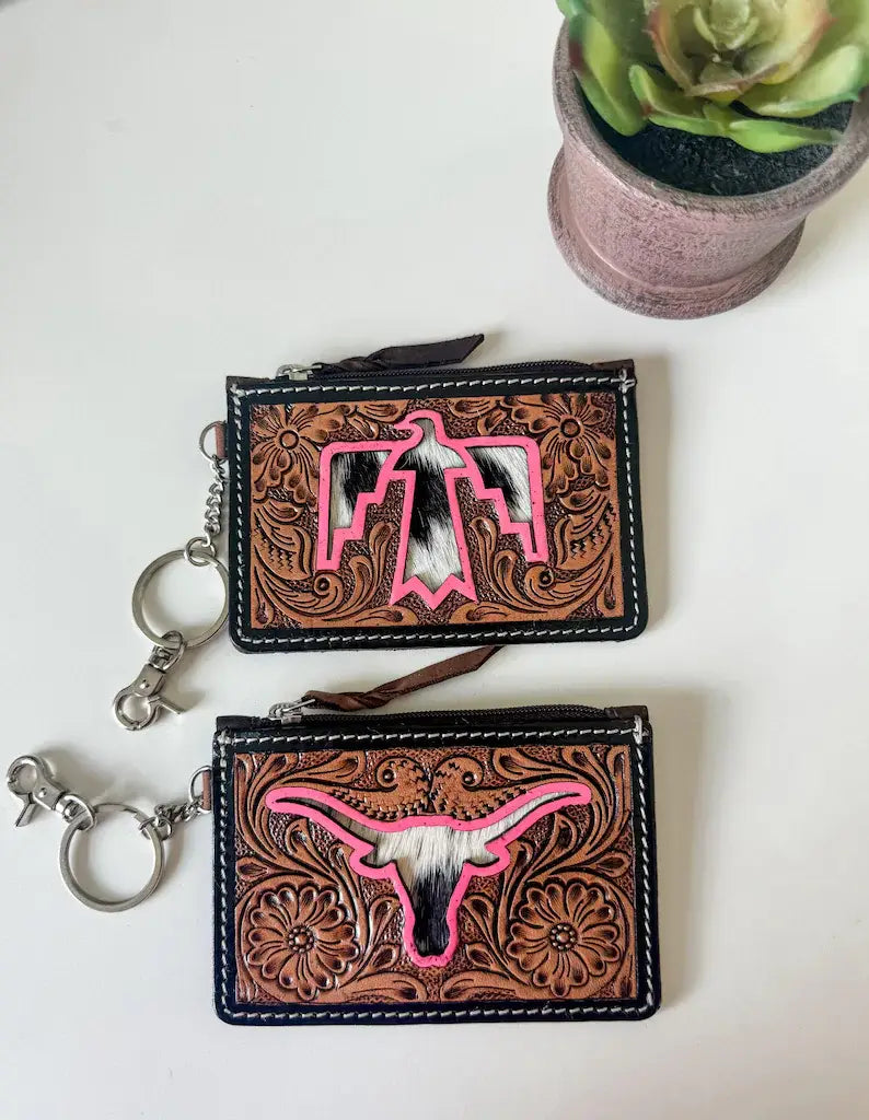 Tooled Leather Keychain Wallet Thunderbird Longhorn Bow Hat