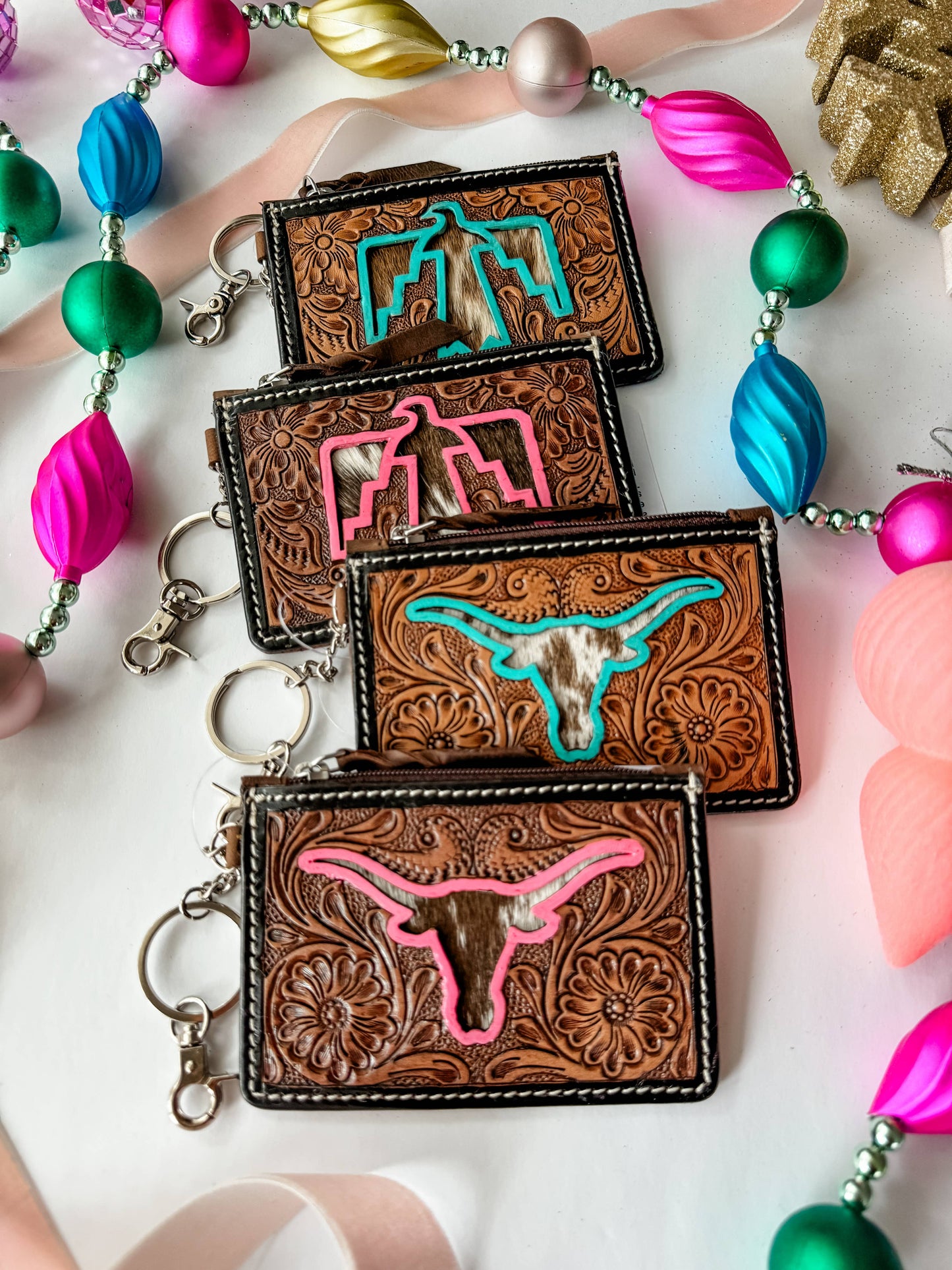 Tooled Leather Keychain Wallet Thunderbird Longhorn Bow Hat