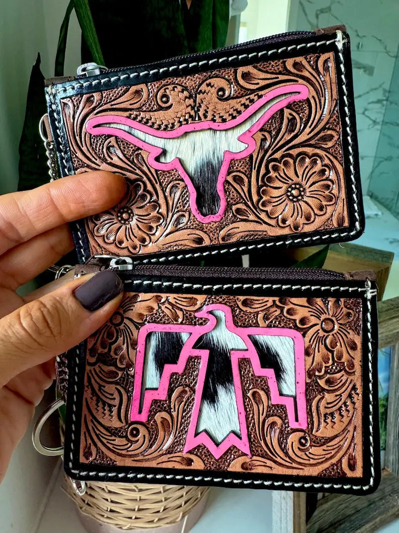 Tooled Leather Keychain Wallet Thunderbird Longhorn Bow Hat