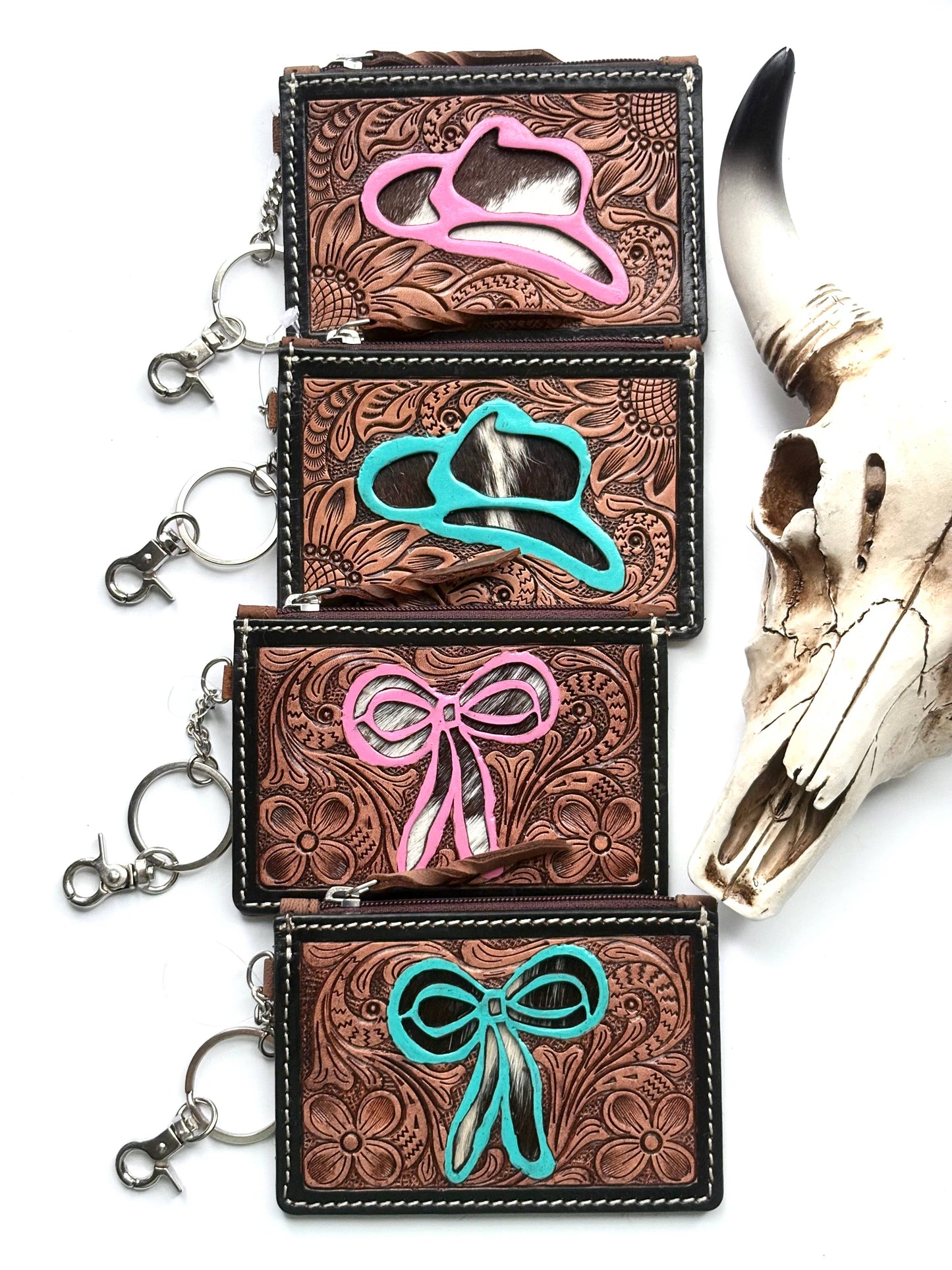 Tooled Leather Keychain Wallet Thunderbird Longhorn Bow Hat
