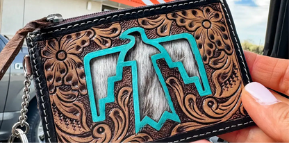 Western Cowhide Leather Keychain Wallet Longhorn Thunderbird