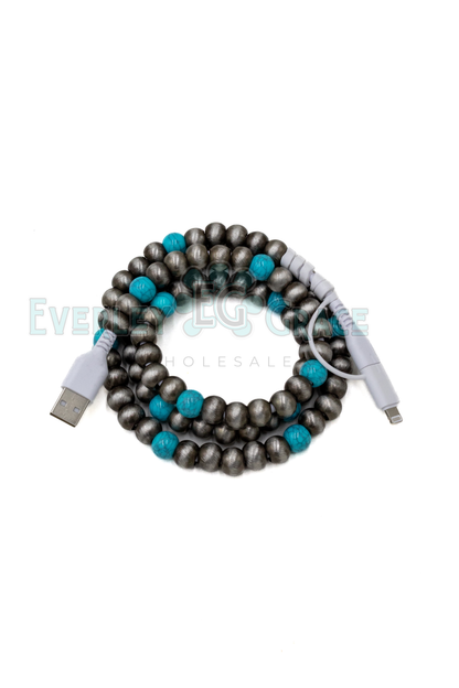 4-IN-1 SILVER NAVAJO PEARLS WITH TURQUOISE BEADED CHARGING CABLE