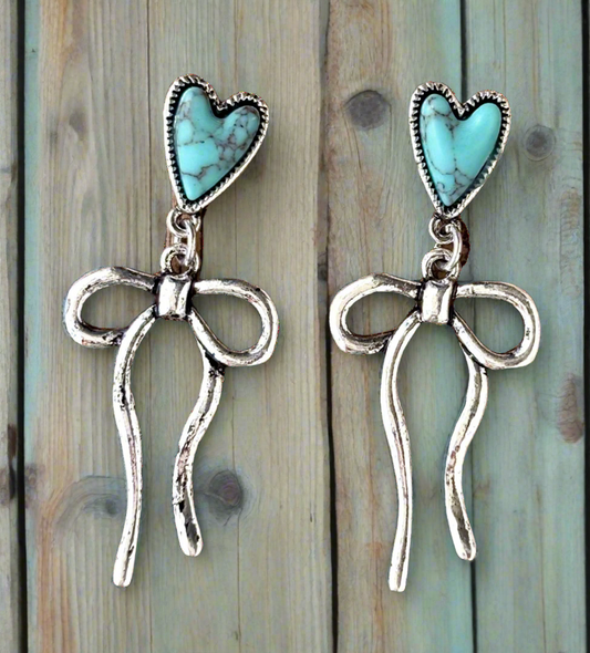 Western Style Stone & Coquette Bow Ribbon Dangle Earrings