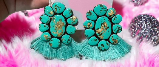 Marilyn Studs - Turquoise Stone With Turquoise Fringe Western Handmade Clay