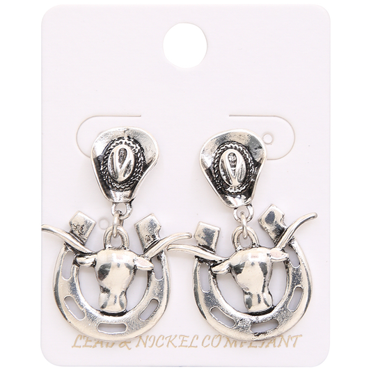 WESTERN STYLE COW SKULL HORSESHOE DANGLE EARRING, HE 12389