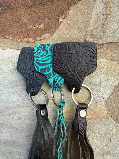 Cowtag Embossed Leather Keychain with Tassel