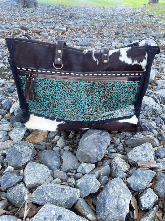 Cowhide Turquoise Tooled Leather Overnight Myra Weekender