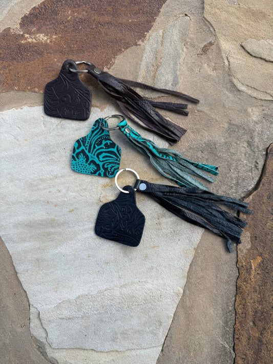 Cowtag Embossed Leather Keychain with Tassel