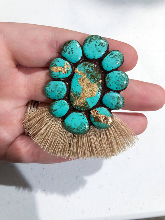 Marilyn Studs - Turquoise Stone With Beige Fringe Western Handmade Clay