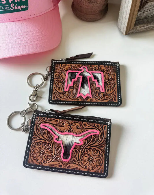 Tooled Leather Keychain Wallet Thunderbird Longhorn Bow Hat