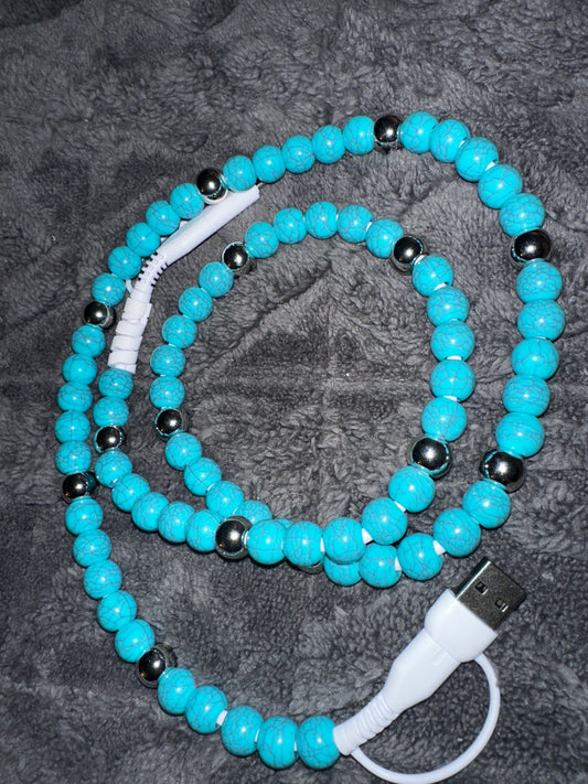 4-IN-1 TURQUOISE & POLISHED SILVER BEADED CHARGING CABLE