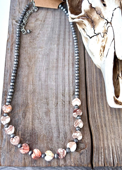 Western Style Navajo Pearl & Stone Heart Necklace