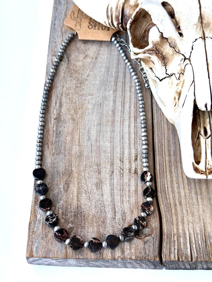 Western Style Navajo Pearl & Stone Heart Necklace