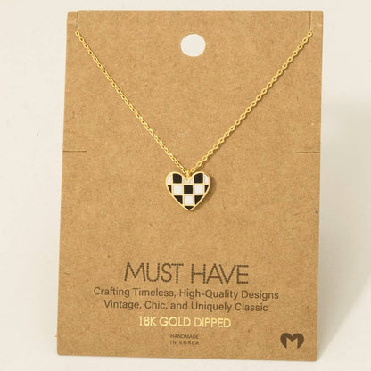 Gold Dipped Epoxy Checkered Heart Pendant Necklace