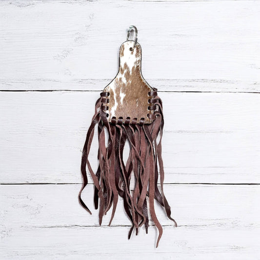 Cowhide fringe ear tag keychain 
