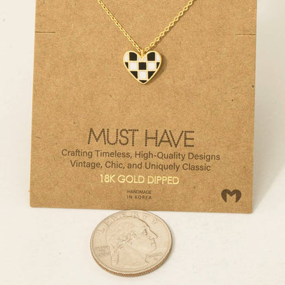 Gold Dipped Epoxy Checkered Heart Pendant Necklace