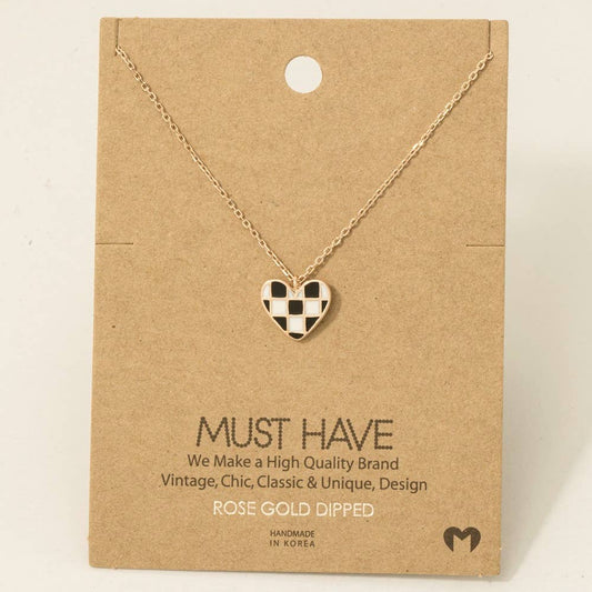 Gold Dipped Epoxy Checkered Heart Pendant Necklace